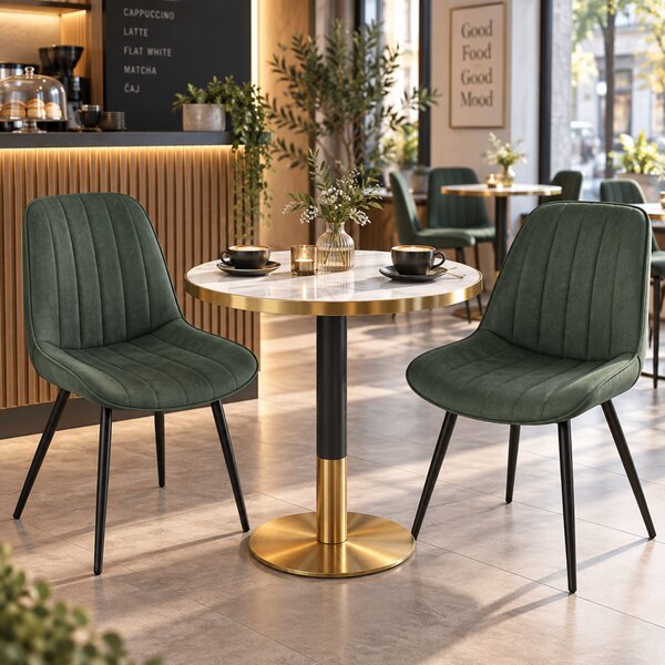 KONDELA Jedálenský bistro stôl, biely mramor/čierna/zlatá, priemer 80 cm, OREN