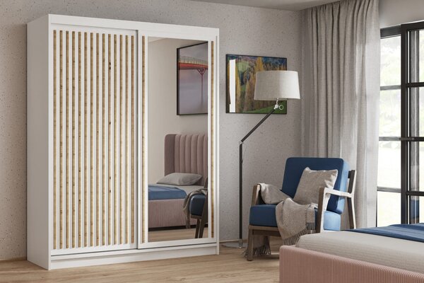 Šatníková skriňa s lamelami a zrkadlom 100 cm WARDERO - biela / dub artisan