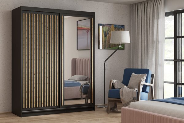 Šatníková skriňa s lamelami a zrkadlom 100 cm WARDERO - čierna / dub artisan
