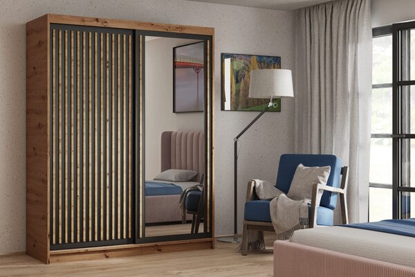 Šatníková skriňa s lamelami a zrkadlom 100 cm WARDERO - dub artisan / čierna / dub artisan