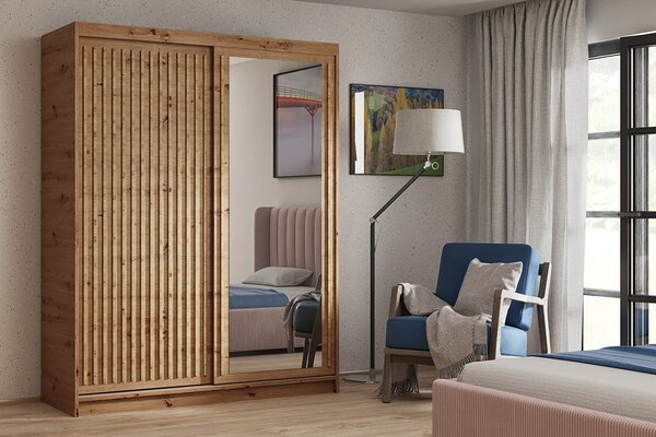 Šatníková skriňa s lamelami a zrkadlom 100 cm WARDERO - dub artisan
