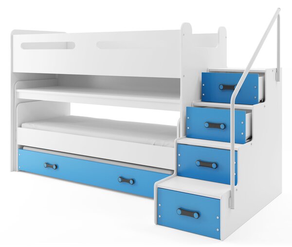 Poschodová posteľ 80 x 200 cm Moxxo 1 (biela + modrá) (s roštami, matracmi a úl. priestorom). Vlastná spoľahlivá doprava až k Vám domov. 1056467