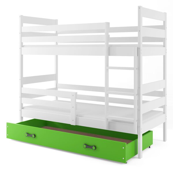 Poschodová posteľ 90 x 200 cm Eril B (biela + zelená) (s roštami, matracmi a úl. priestorom). Vlastná spoľahlivá doprava až k Vám domov. 1056574