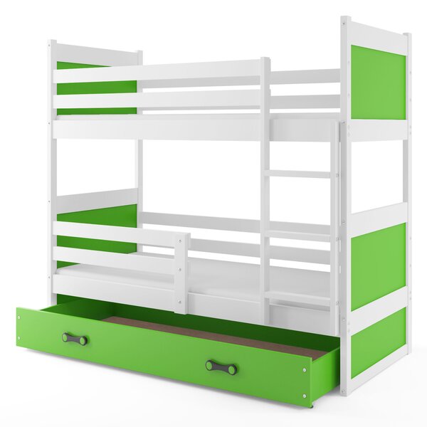 Poschodová posteľ 80 x 160 cm Ronnie B (biela + zelená) (s roštami, matracmi a úl. priestorom). Vlastná spoľahlivá doprava až k Vám domov. 1056589