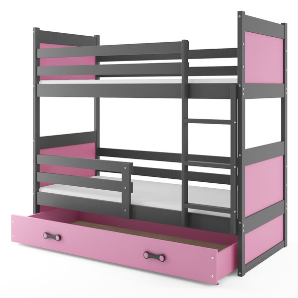 Poschodová posteľ 90 x 200 cm Ronnie B (grafit + ružová) (s roštami, matracmi a úl. priestorom). Vlastná spoľahlivá doprava až k Vám domov. 1056623