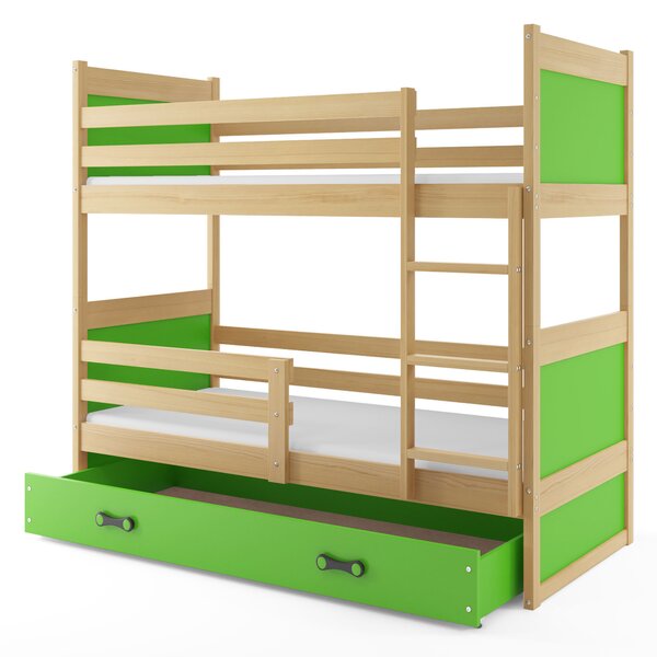 Poschodová posteľ 90 x 200 cm Ronnie B (borovica + zelená) (s roštami, matracmi a úl. priestorom). Vlastná spoľahlivá doprava až k Vám domov. 1056629