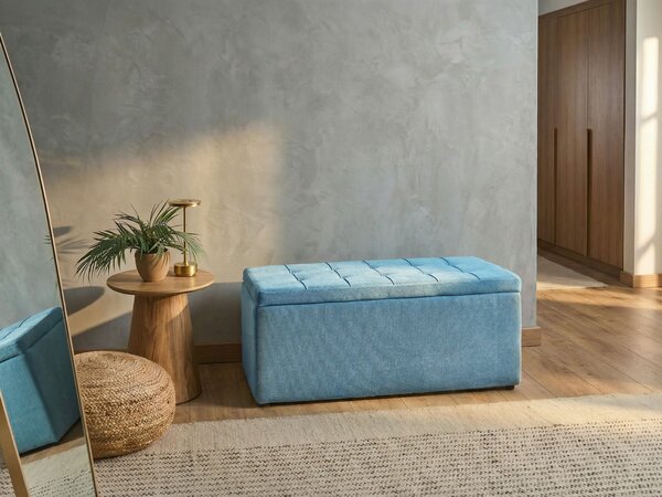 Taburet modrý 100 x 42 x 40 cm polyester čalúnená taburetka úložný priestor obývacia izba moderný štýl
