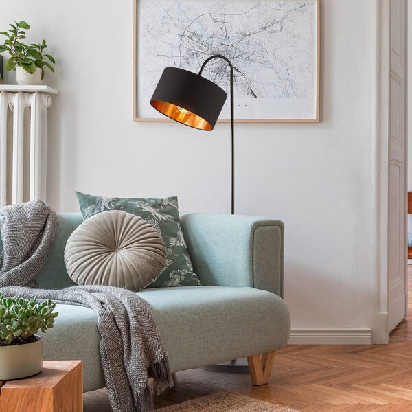 B.K. Licht Stojacia lampa Kari, zakrivená, čierne/zlaté, textil, E27, Čierna, Obývacia izba / jedáleň, Textil / látka / hodváb, Moderný, Stojaca lampa