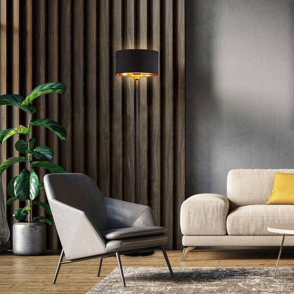 B.K. Licht Stojacia lampa Kari, rovná, čierne/zlaté, textil, E27, Čierna, Obývacia izba / jedáleň, Textil / látka / hodváb, Moderný, Stojaca lampa