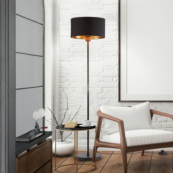 B.K. Licht Stojacia lampa Kari, rovná, čierne/zlaté, textil, E27, Čierna, Obývacia izba / jedáleň, Textil / látka / hodváb, Moderný, Stojaca lampa