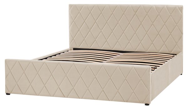 Posteľ s úložným priestorom béžová zamat 160 x 200 cm prešívané čalúnenie s čelom lamelový rošt moderný štýl spálňa