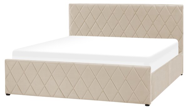 Posteľ s úložným priestorom béžová zamat 160 x 200 cm prešívané čalúnenie s čelom lamelový rošt moderný štýl spálňa