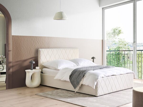 Posteľ s úložným priestorom krémová biela buklé 140 x 200 cm prešívané čalúnenie s čelom lamelový rošt moderný štýl spálňa