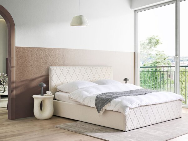 Posteľ s úložným priestorom krémová biela buklé 180 x 200 cm prešívané čalúnenie s čelom lamelový rošt moderný štýl spálňa