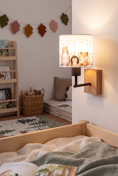 Brilagi - Nástenné svietidlo BOBO WOOD 1xE27/25W/230V dub/čierna/biela/so zvieratkami