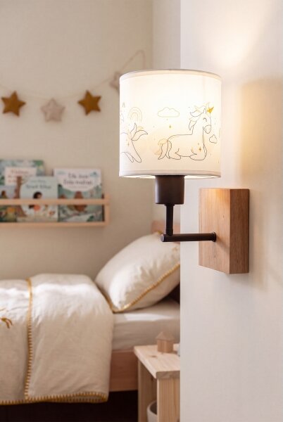 Brilagi - Nástenná lampa BOBO WOOD 1xE27/25W/230V dub/čierna/biela/jednorožce