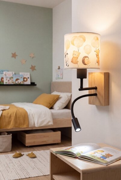 Brilagi - LED flexibilná lampa BOBO WOOD 1xE27/25W/230V + LED/3W dub/čierna/biela/so zvieracím motívom