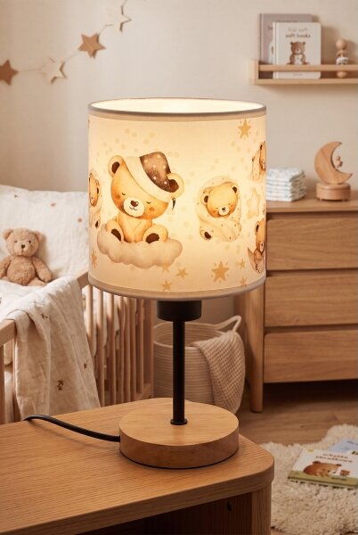 Brilagi - Stolná lampa BOBO WOOD 1xE27/25W/230V dub/čierna/biela/medvedíky