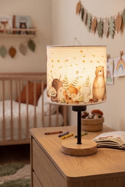 Brilagi - Stolná lampa BOBO WOOD 1xE27/25W/230V dub/čierna/biela/zvieratká