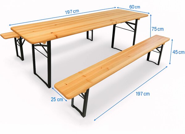 Pivný set 197x60 cm – Záhradný stôl s lavicami pre 8 osôb | Masív + kov - 197cm x 60cm -