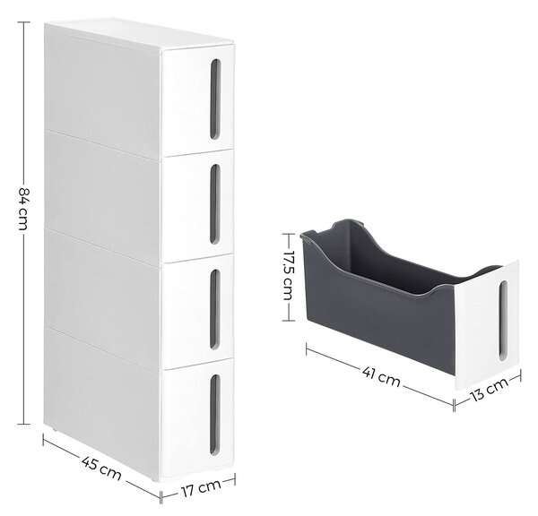 SONGMICS Pojízdný úzky regál 4 zásuvky 17 x 84 cm biela šedá