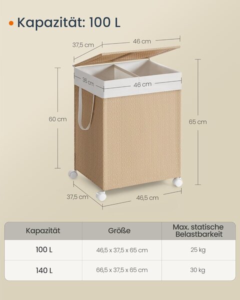 SONGMICS Pohyblivý koš na bielizeň 2D 100 l béžová