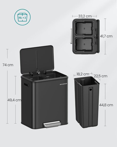 SONGMICS Odpadkový kôš Franko 2x15 l čierny