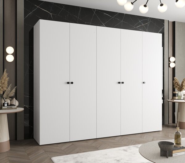 Elegantná šatníková skriňa CAITIR 1 250 cm - biela / čierne úchyty