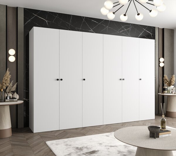 Elegantná šatníková skriňa CAITIR 1 300 cm - biela / čierne úchyty