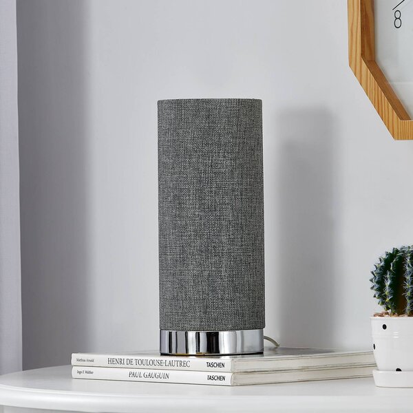 Lindby Sivá stolná lampa ronja s chrómovým podstavcom, Hliník / sivá / zinok, Spálňa, Textil / látka / hodváb, Moderný, Stolová lampa