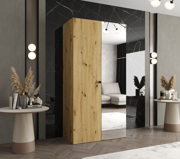 Zrkadlová šatníková skriňa CAITIR 2 100 cm - dub artisan / čierny úchyt