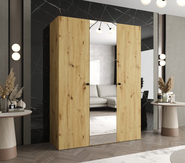 Zrkadlová šatníková skriňa CAITIR 2 150 cm - dub artisan / čierne úchyty