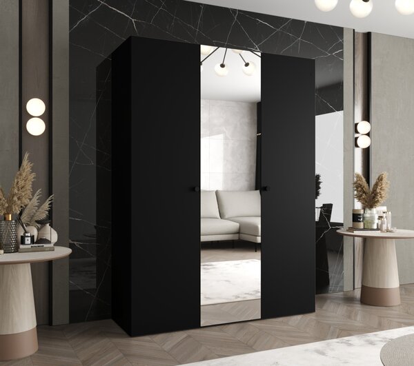 Zrkadlová šatníková skriňa CAITIR 2 150 cm - čierna / čierne úchyty