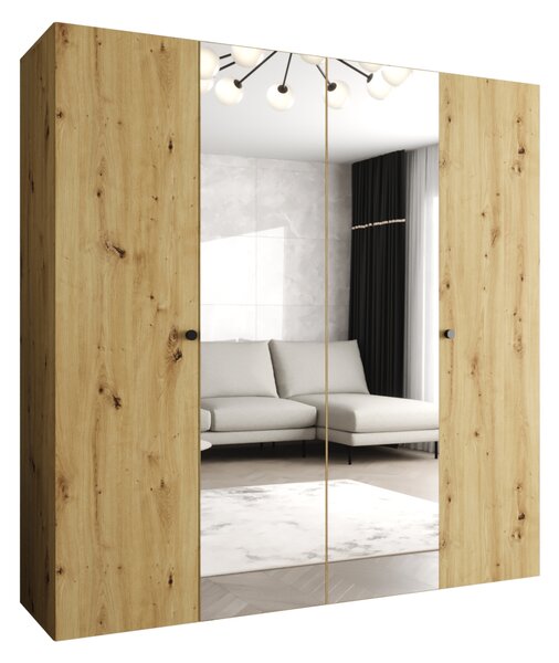 Zrkadlová šatníková skriňa CAITIR 2 200 cm - dub artisan / čierne úchyty