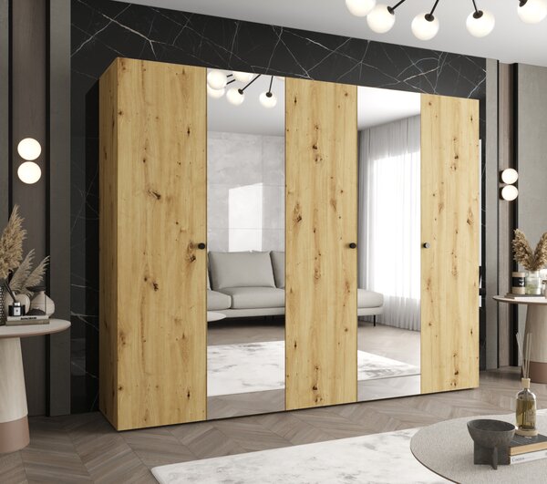 Zrkadlová šatníková skriňa CAITIR 2 250 cm - dub artisan / čierne úchyty