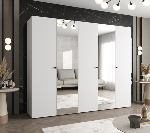 Zrkadlová šatníková skriňa CAITIR 2 250 cm - biela / čierne úchyty