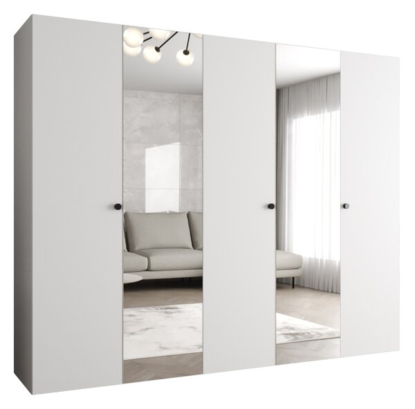Zrkadlová šatníková skriňa CAITIR 2 250 cm - biela / čierne úchyty
