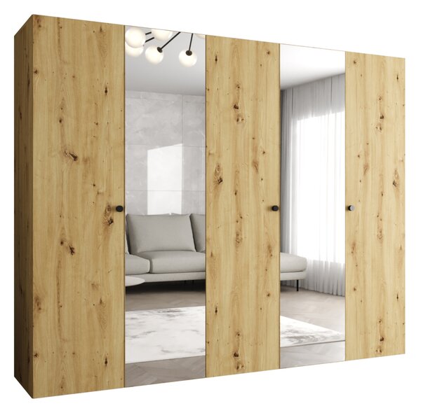 Zrkadlová šatníková skriňa CAITIR 2 250 cm - dub artisan / čierne úchyty
