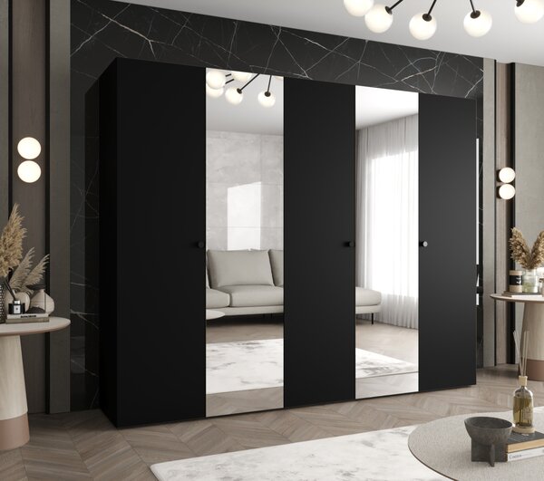 Zrkadlová šatníková skriňa CAITIR 2 250 cm - čierna / čierne úchyty