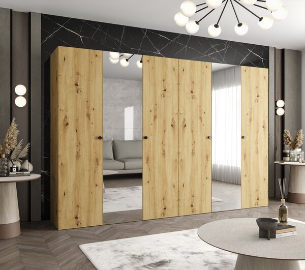 Zrkadlová šatníková skriňa CAITIR 2 300 cm - dub artisan / čierne úchyty