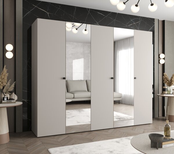 Zrkadlová šatníková skriňa CAITIR 2 250 cm - kašmír / čierne úchyty