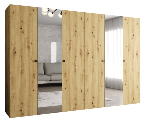 Zrkadlová šatníková skriňa CAITIR 2 300 cm - dub artisan / čierne úchyty