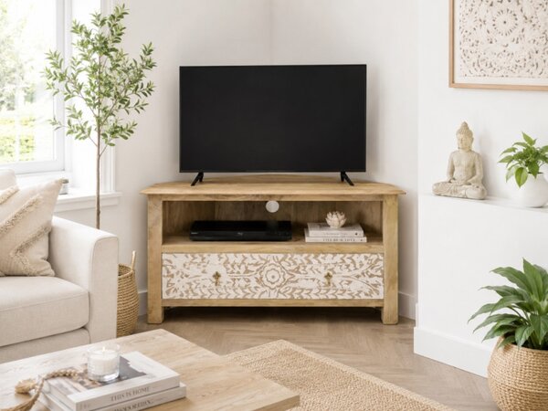 TV stolík rohový Sita 110x60x50 indický masív mango