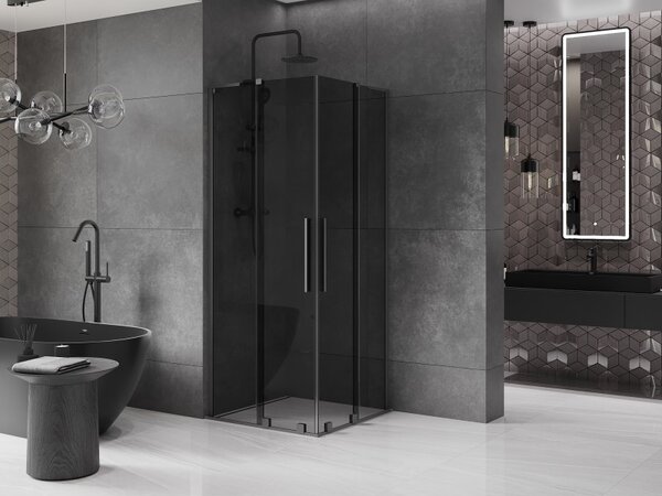 Mexen Velar L Duo, sprchový kút s posuvnými dverami 80 x 80 cm, 8mm šedé sklo, brúsený grafit, 871-080-080-02-43-95