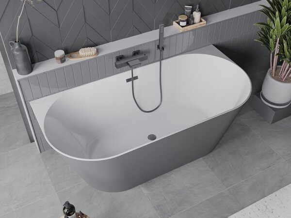 Mexen Oval Slim, voľne stojaca vaňa ku stene, 170 x 80 cm, biela-šedá, brúsený grafit prepad, 52661708062-66