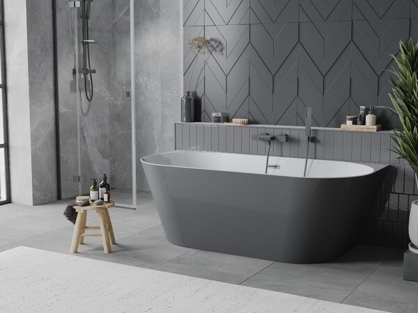 Mexen Oval Slim, voľne stojaca vaňa ku stene, 170 x 80 cm, biela-šedá, brúsený grafit prepad, 52661708062-66
