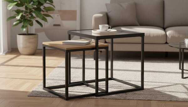 SADA KONFERENČNÝCH STOLÍKOV, číra, čierna, farba duba, kov, sklo, kompozitné drevo, 40/48/40/48/40/48 cm Xora - Stolíky do obývačky, Online Only
