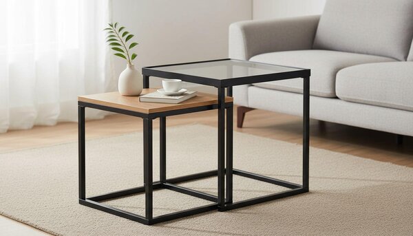 SADA KONFERENČNÝCH STOLÍKOV, číra, čierna, farba duba, kov, sklo, kompozitné drevo, 40/48/40/48/40/48 cm Xora - Stolíky do obývačky, Online Only