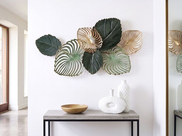 Nástenná dekorácia zlatá a modrá kovová 88 x 55 cm v tvare listov exotický dizajn moderné boho doplnky do interiéru