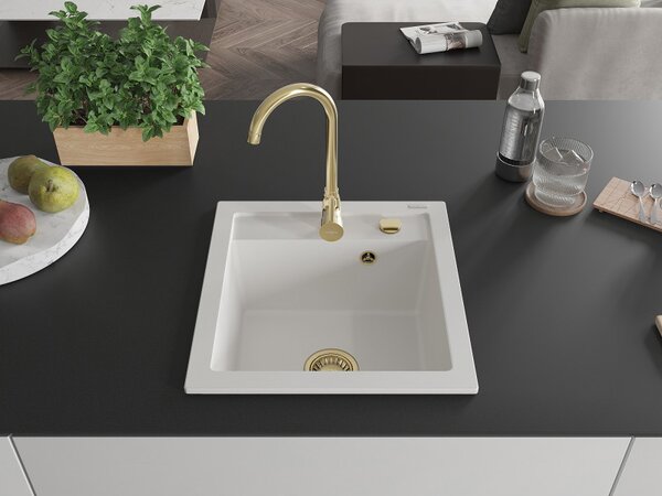 Mexen Vito, granitový drez 520x490x210 mm, 1-komorový, biela so zlatým sifónom, 6503521000-20-G